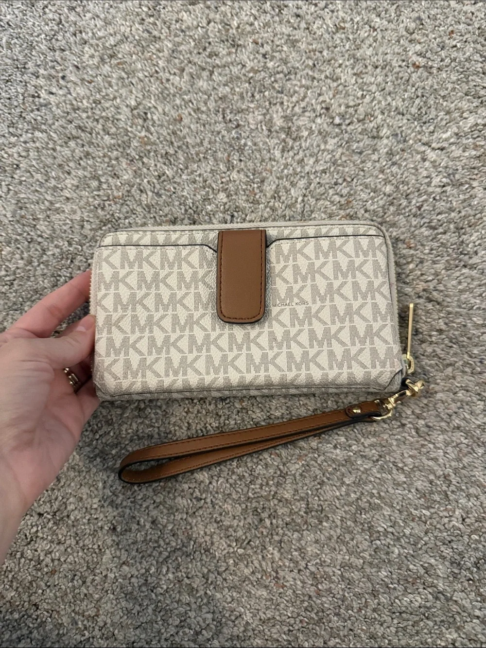Michael Kors Beige Signature MK Zip Wristlet Wallet with Brown Strap